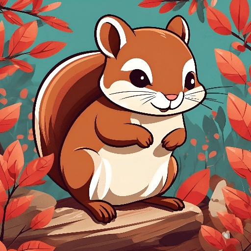 a cartoon squirrel sitting on a tree stump in the woods