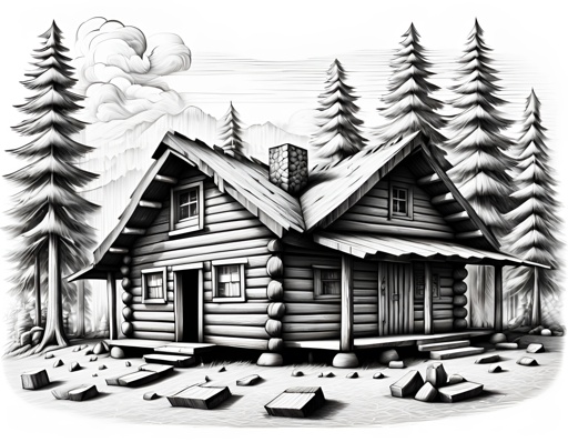 a drawing of a cabin in the woods with a snow covered roof