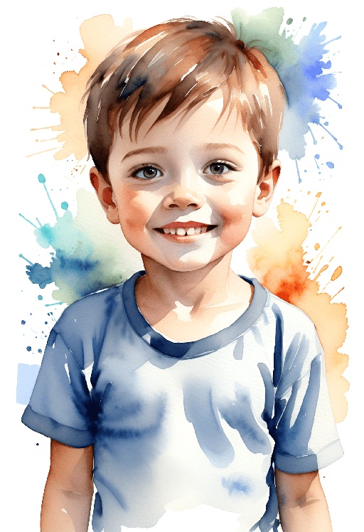 a watercolor painting of a young boy smiling