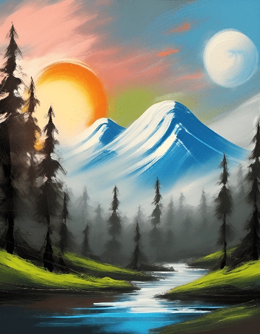 painting of a mountain with a river and trees in the foreground
