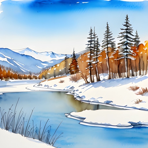 painting of a snowy mountain scene with a river and trees