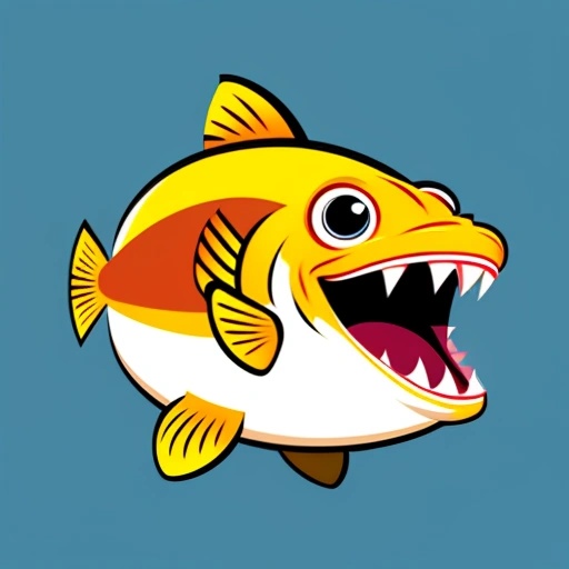 cartoon fish with open mouth and sharp teeth on blue background