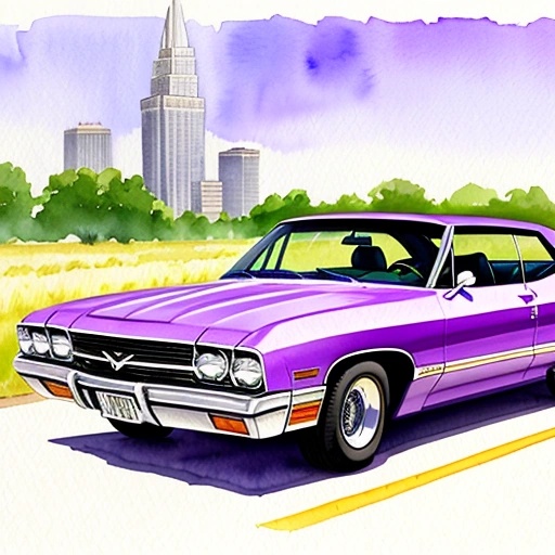 purple car on the road with a city in the background