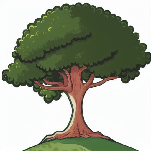 a cartoon tree on a hill with a green grass and a white background