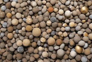 a close up of a pile of rocks with a gold ball