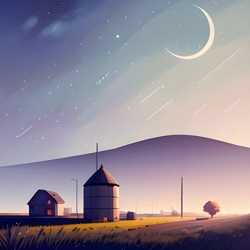 a painting of a rural scene with a moon and stars
