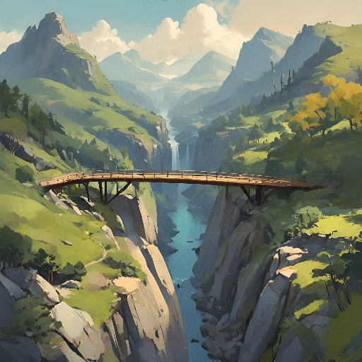 a painting of a bridge over a river in a mountain