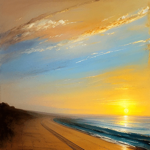 painting of a sunset over a beach with a lone surfboard