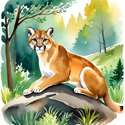 a watercolor painting of a cougar sitting on a rock