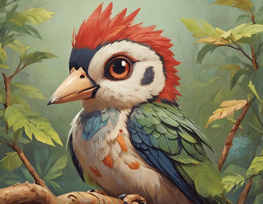 painting of a colorful bird sitting on a branch in a forest