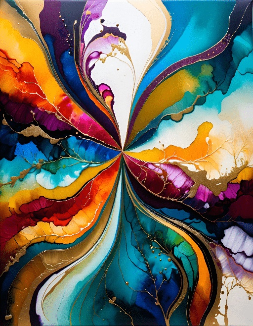 brightly colored abstract painting of a flower with a white center