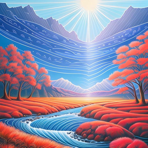 painting of a river running through a valley with trees and mountains in the background