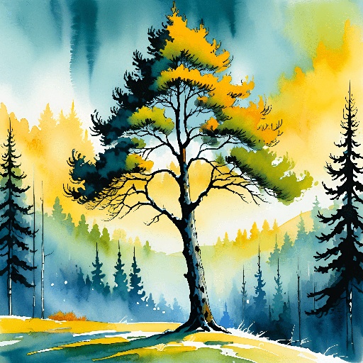 a painting of a tree in the middle of a field