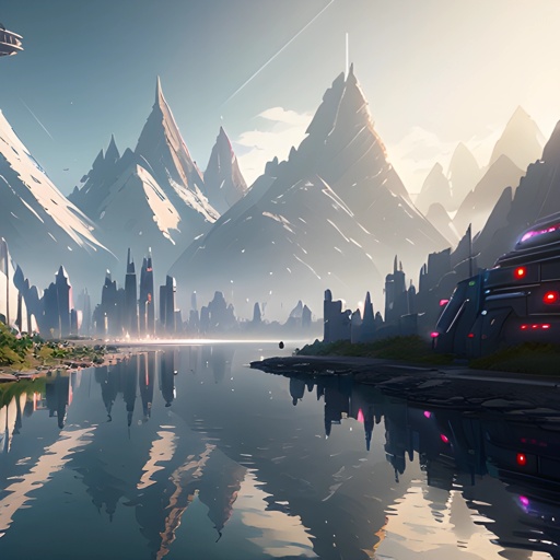 futuristic city with a futuristic spaceship flying over a lake