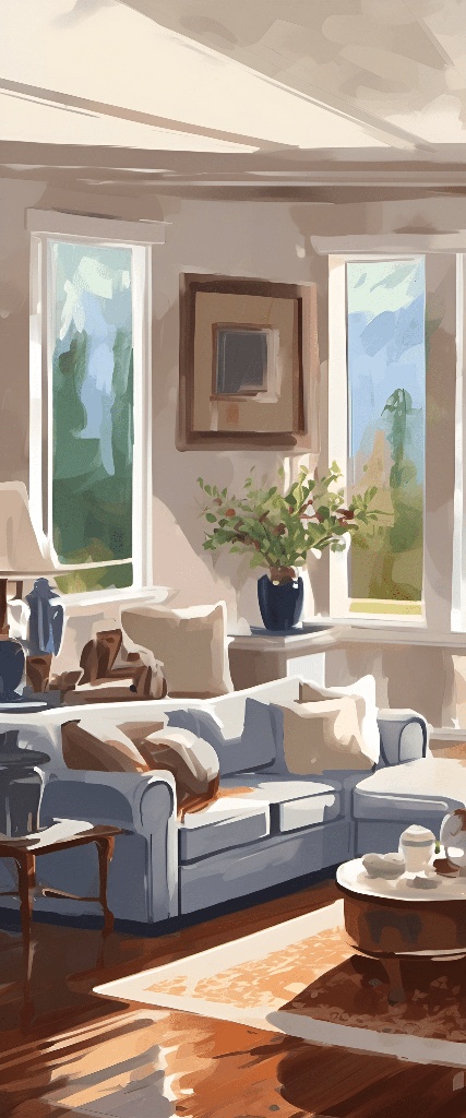 painting of a living room with a couch, chair, table and two windows