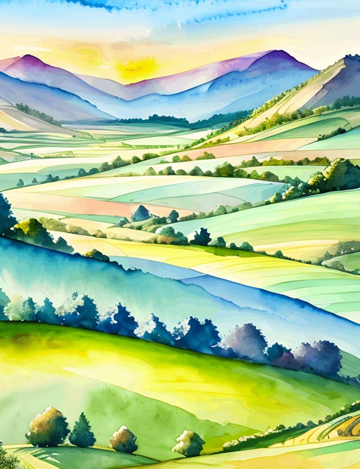 painting of a landscape with hills and trees in the distance