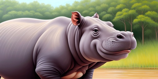 a hippo standing in the water with a forest in the background