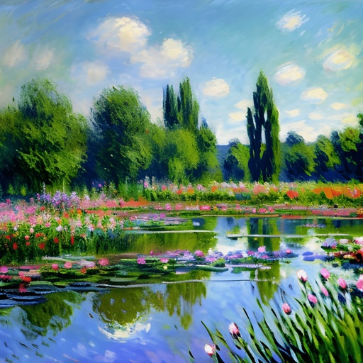 painting of a pond with water lilies and trees in the background