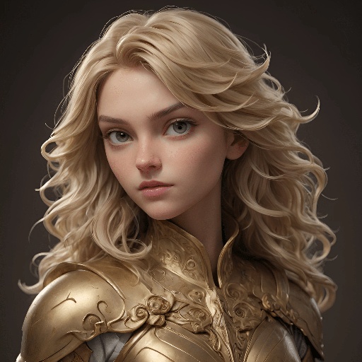 blond woman in armor with blue eyes and a gold jacket