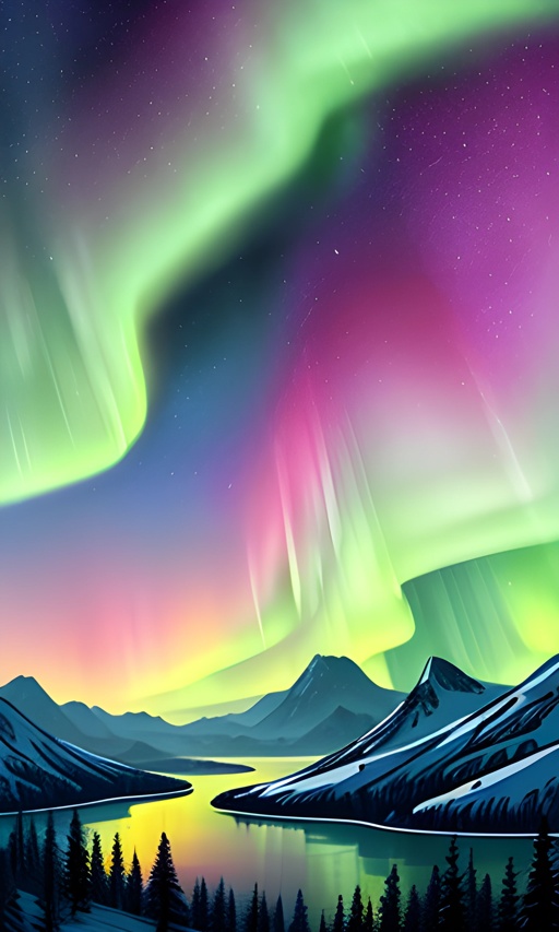 aurora bore over a mountain lake with a forest and a mountain range in the background