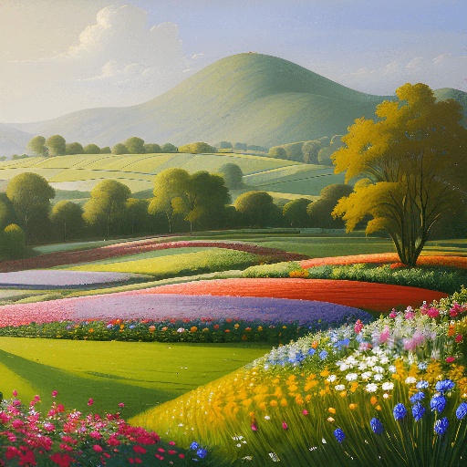 painting of a field of flowers with a tree and a mountain in the background