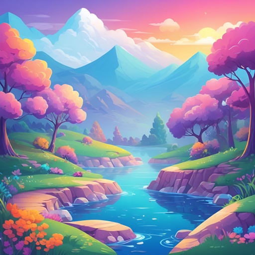 a cartoon illustration of a beautiful mountain landscape with a river