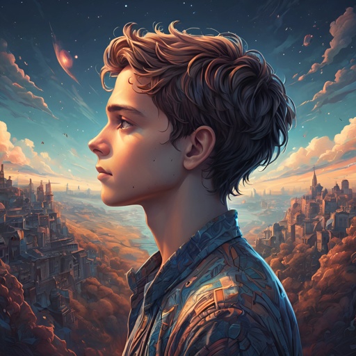 a young man looking at a city in the sky