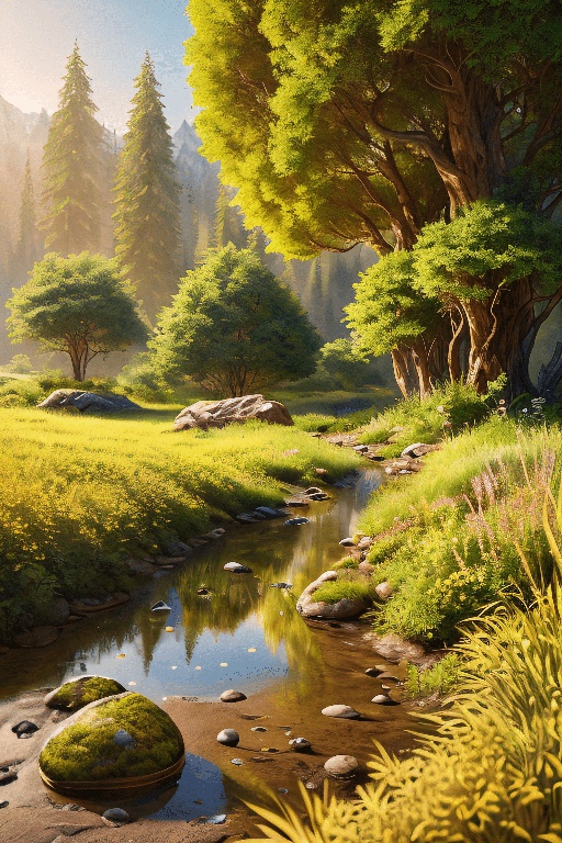 painting of a stream running through a lush green forest filled with trees