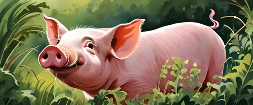 painting of a pig in a field of grass and plants