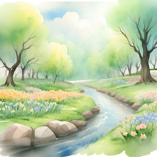 painting of a river running through a lush green forest filled with flowers