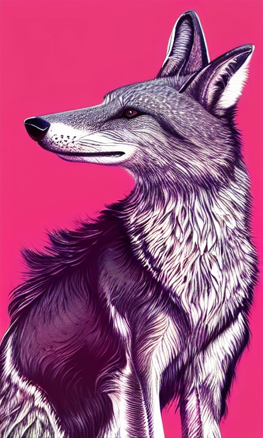 a close up of a wolf on a pink background with a pink background