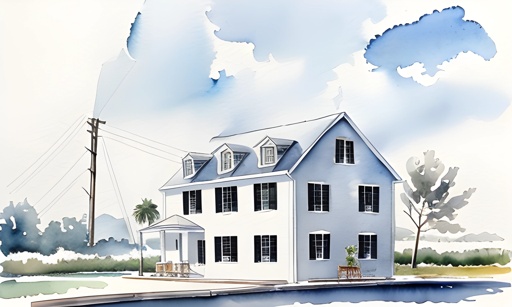 painting of a house with a boat in the water and a power line