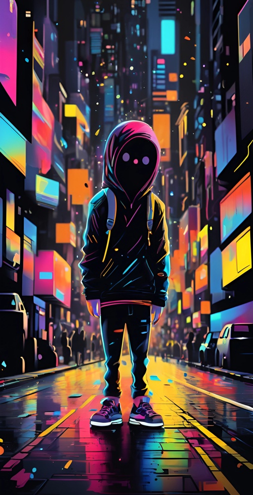a brightly lit city street with a person in a hoodie