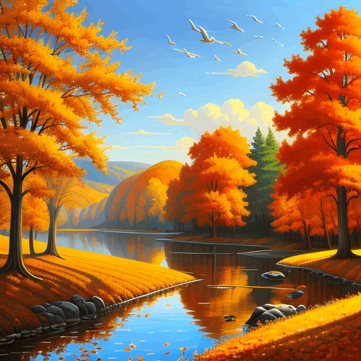 painting of a beautiful autumn scene with a river and trees