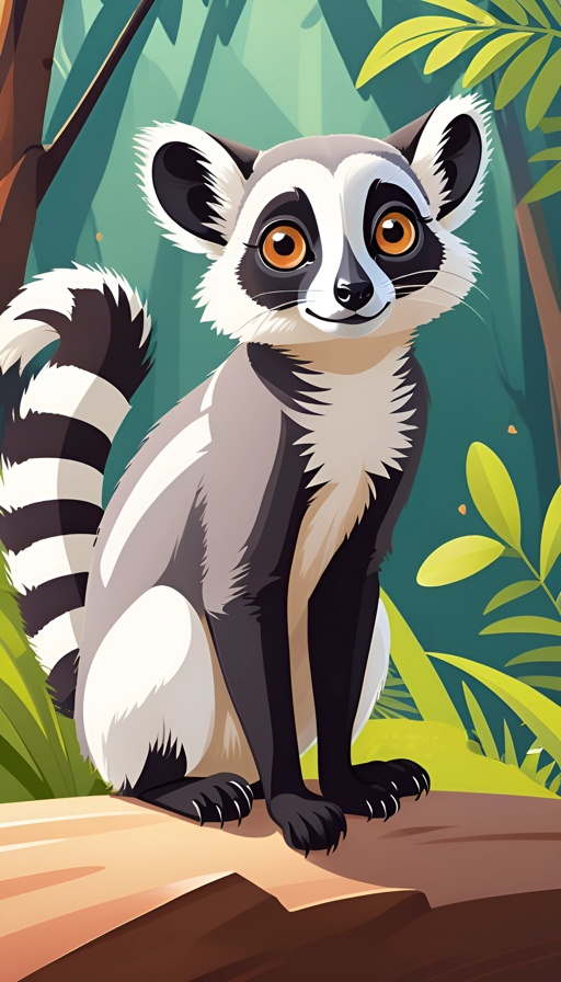 cartoon illustration of a lemur sitting on a tree branch in a forest