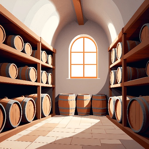 a room with shelves and barrels in it