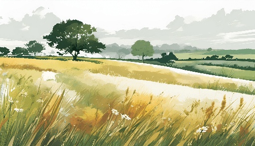 a painting of a field with trees and grass