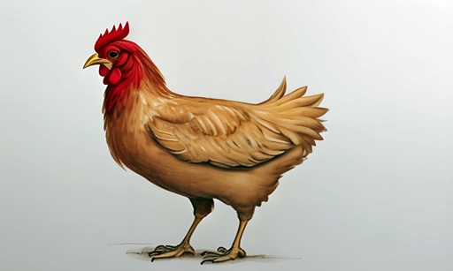 a chicken standing on a white surface with a red comb