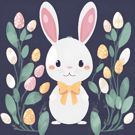 a white rabbit with a bow and some flowers