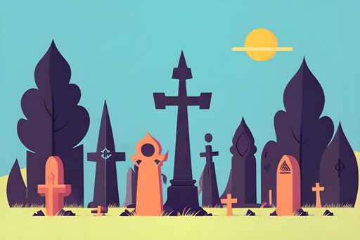 a cartoon of a cemetery with a cross and tombstones