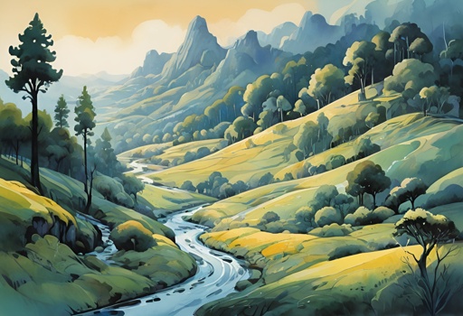 painting of a mountain valley with a stream running through it