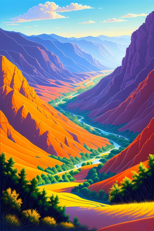 a painting of a valley with a river in the middle