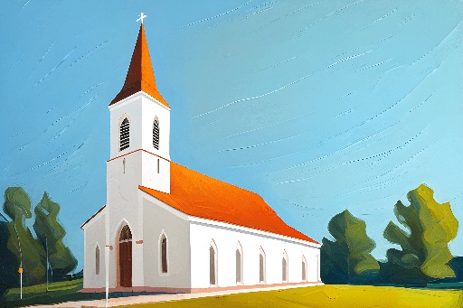 painting of a church with a steeple and a cross on the top