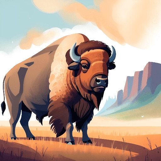 a bison standing in a field with mountains in the background