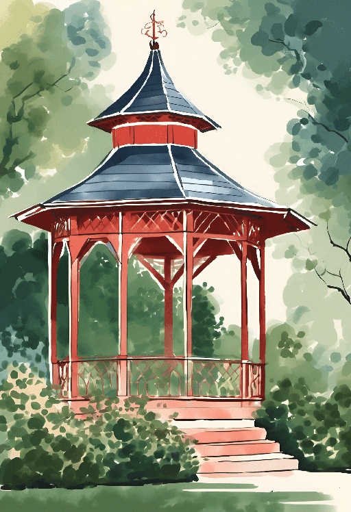 a gazebo in the middle of a park with trees