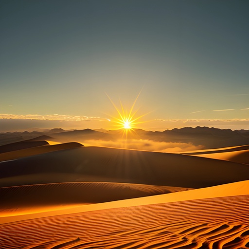 view of a desert with a sun setting in the distance
