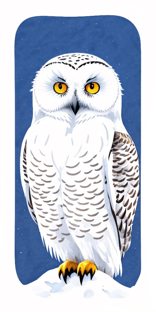 snowy owl sitting on a snowy hill with bright yellow eyes
