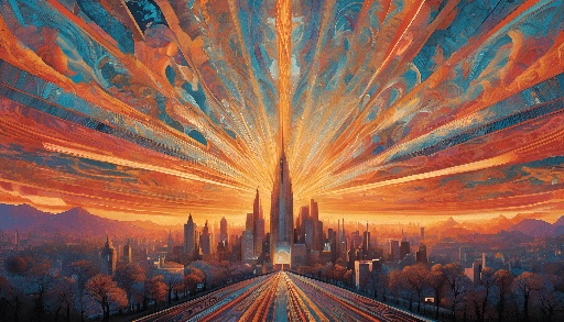 painting of a city with a train track and a sunset
