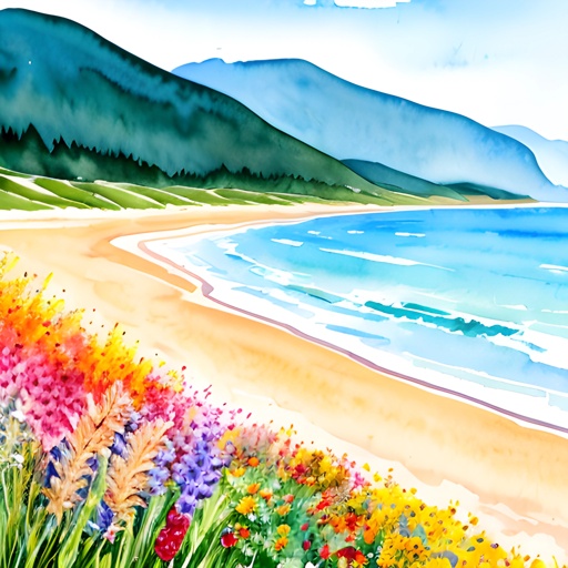 painting of a beach with a mountain in the background