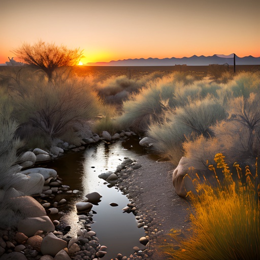 a small stream running through a desert area with rocks and grass